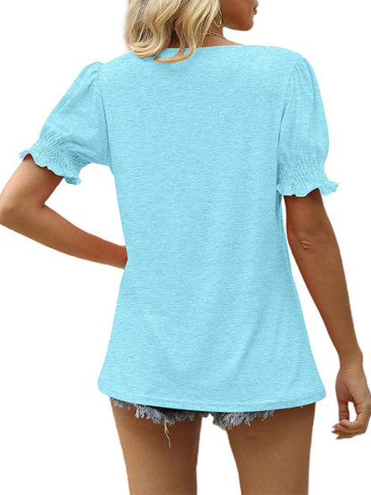 Summer Women's Puff Sleeve Pleated Short Sleeve V Neck T-Shirt