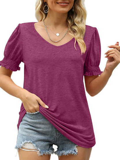 Summer Women's Puff Sleeve Pleated Short Sleeve V Neck T-Shirt