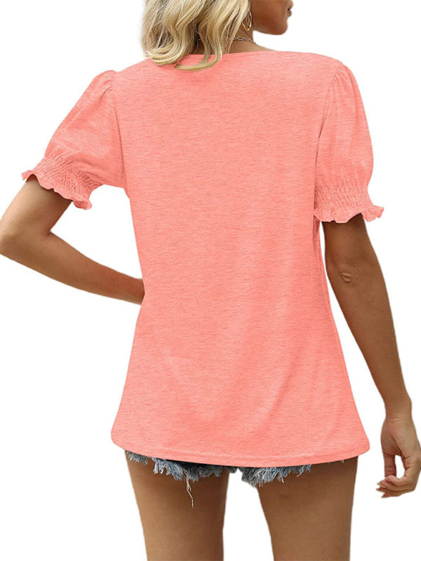 Summer Women's Puff Sleeve Pleated Short Sleeve V Neck T-Shirt