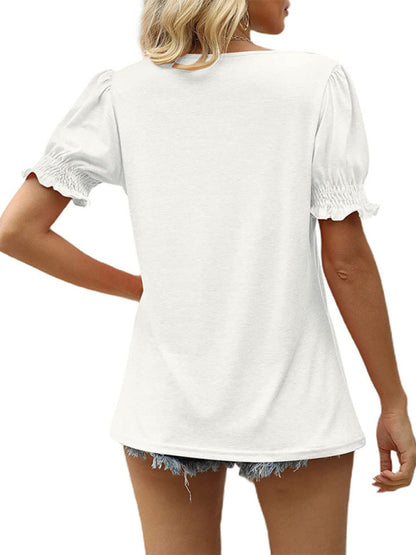 Summer Women's Puff Sleeve Pleated Short Sleeve V Neck T-Shirt