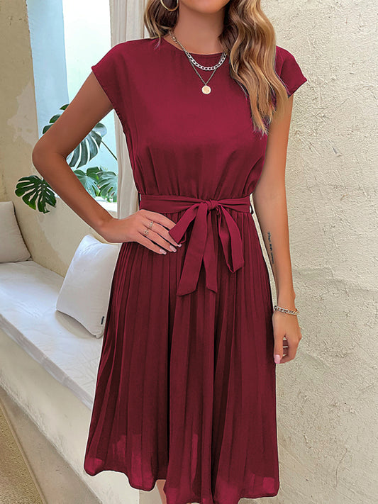 Women's Woven Round Neck Elegant Pleated Dress