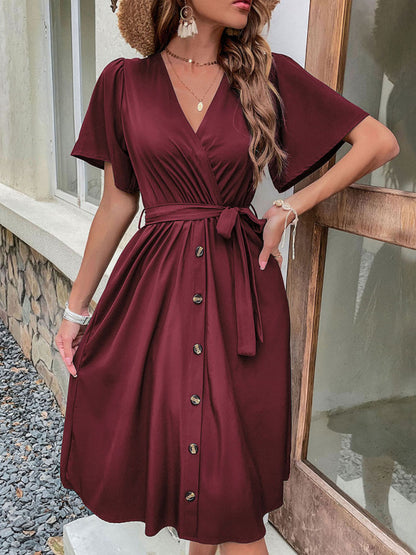 Women's Woven V Neck Short Sleeve Midi Dress