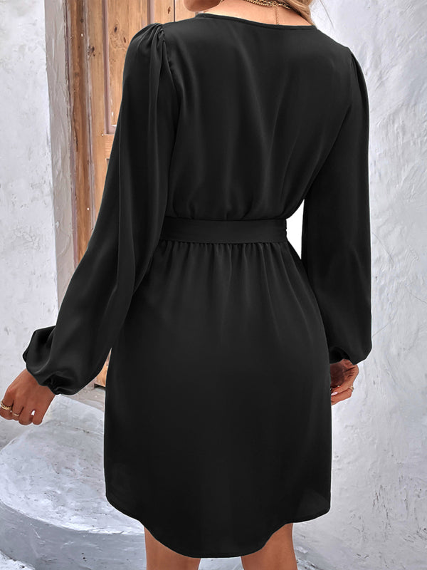 Women's Woven V-Neck Casual Long Sleeve Dress