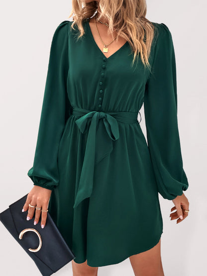 Women's Woven V-Neck Casual Long Sleeve Dress