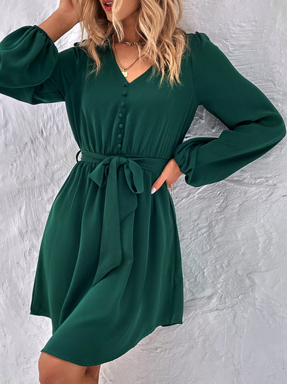 Women's Woven V-Neck Casual Long Sleeve Dress