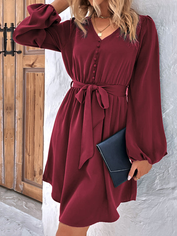 Women's Woven V-Neck Casual Long Sleeve Dress