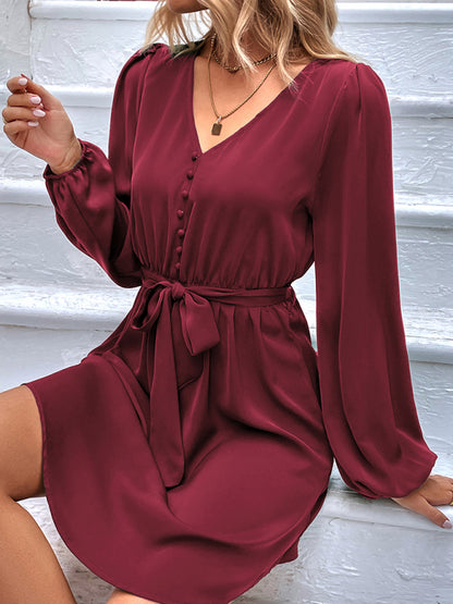 Women's Woven V-Neck Casual Long Sleeve Dress