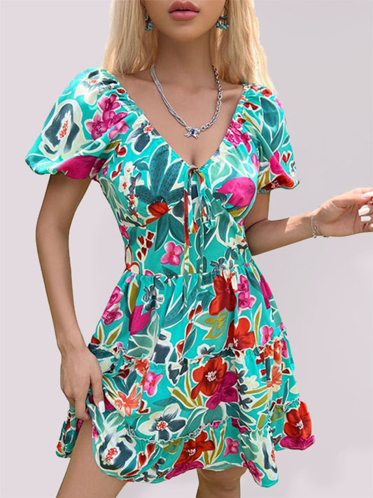 Ruffled V-neck gathered tie-print dress