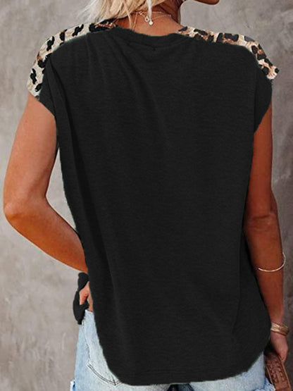 Round neck paneled leopard pocket raglan sleeve casual T-shirt