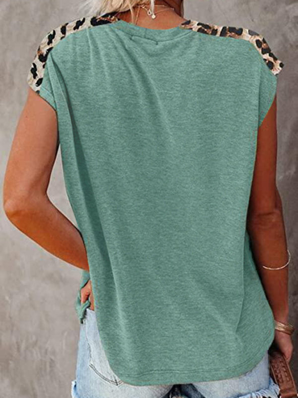 Round neck paneled leopard pocket raglan sleeve casual T-shirt