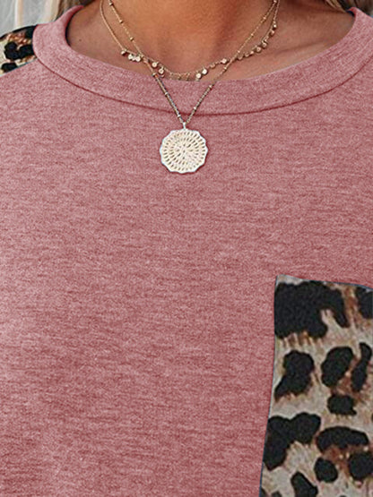 Round neck paneled leopard pocket raglan sleeve casual T-shirt