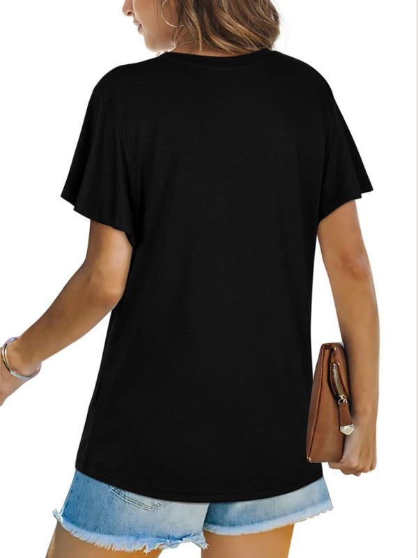 Explosive round neck solid color hem kink short-sleeved T-shirt