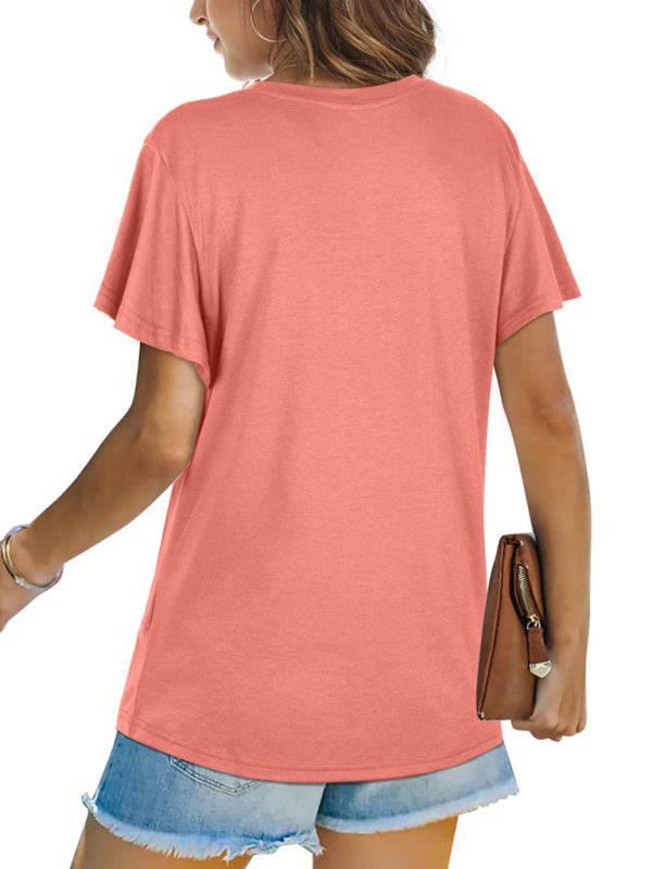 Explosive round neck solid color hem kink short-sleeved T-shirt