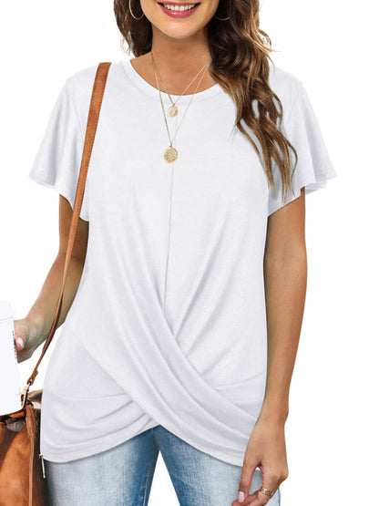 Explosive round neck solid color hem kink short-sleeved T-shirt