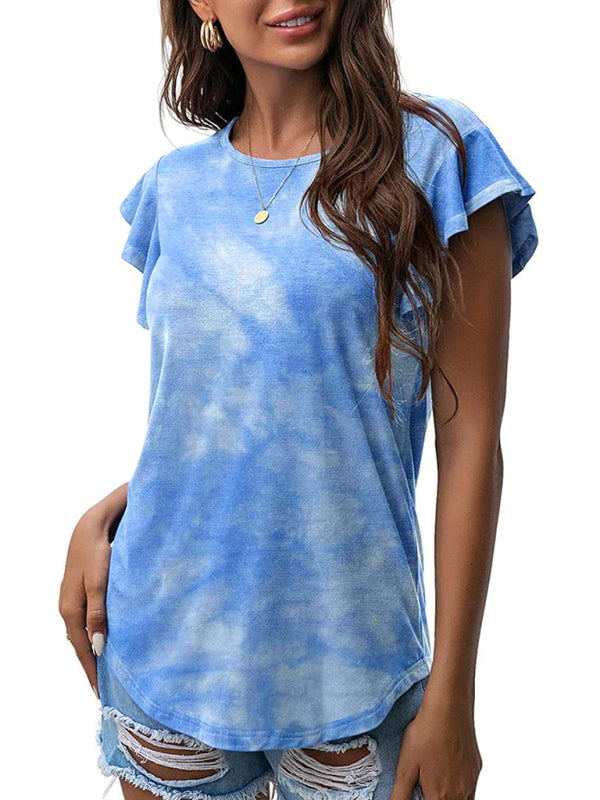 Women's casual round neck printed lotus leaf short-sleeved T-shirt