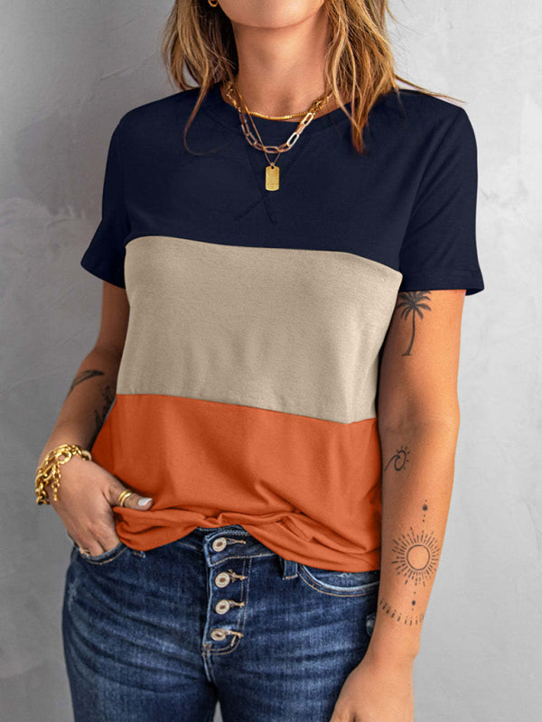 Women's Casual Colorblock Short Sleeve Round Neck T-Shirt