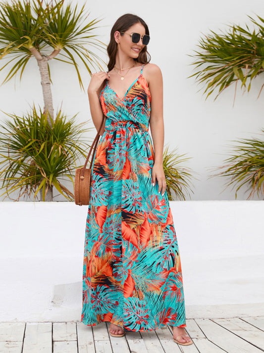 Bohemian Printed Long Dress Sexy V Neck Sling Dress