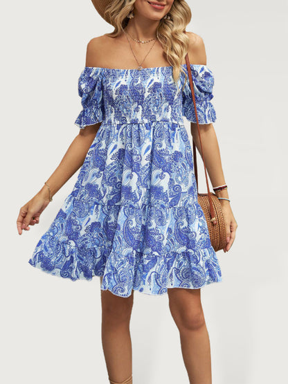 Women's Square Neck Floral Print Chiffon Short Sleeve Dress