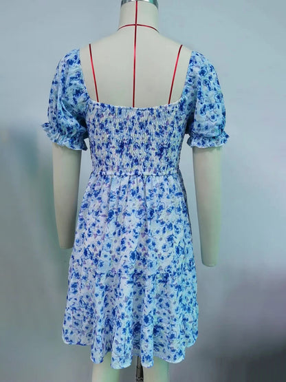 Women's Square Neck Floral Print Chiffon Short Sleeve Dress