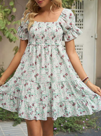 Women's Square Neck Floral Print Chiffon Short Sleeve Dress