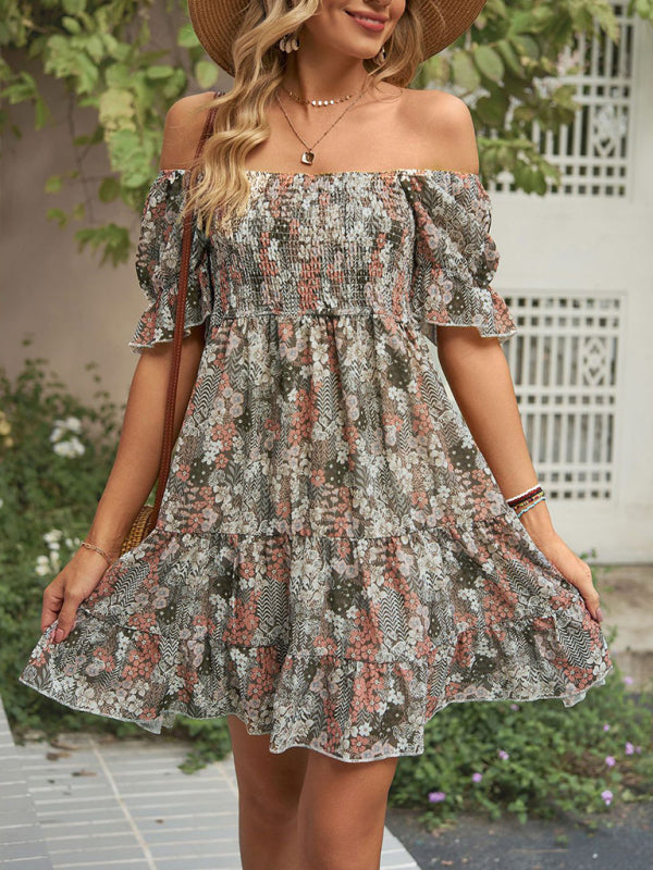 Women's Square Neck Floral Print Chiffon Short Sleeve Dress