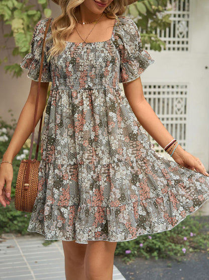 Women's Square Neck Floral Print Chiffon Short Sleeve Dress