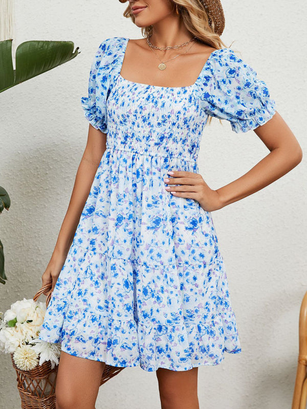 Women's Square Neck Floral Print Chiffon Short Sleeve Dress