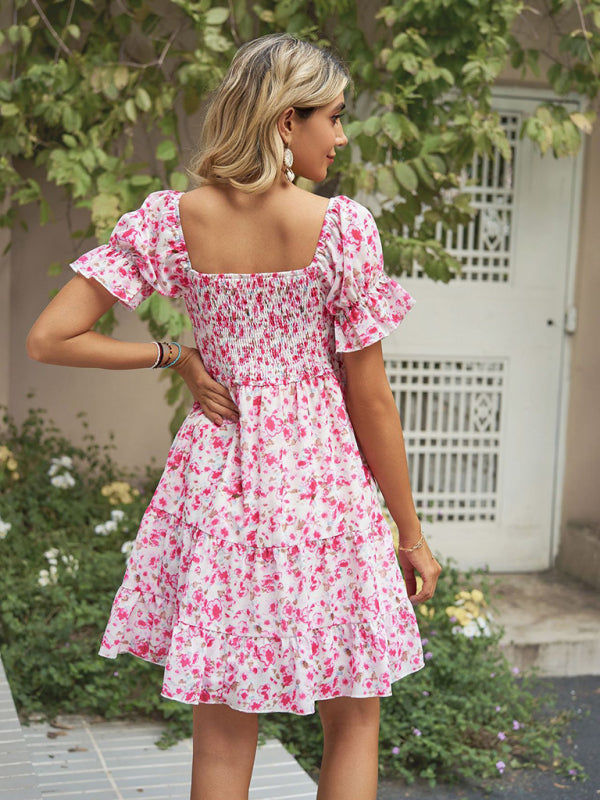 Women's Square Neck Floral Print Chiffon Short Sleeve Dress