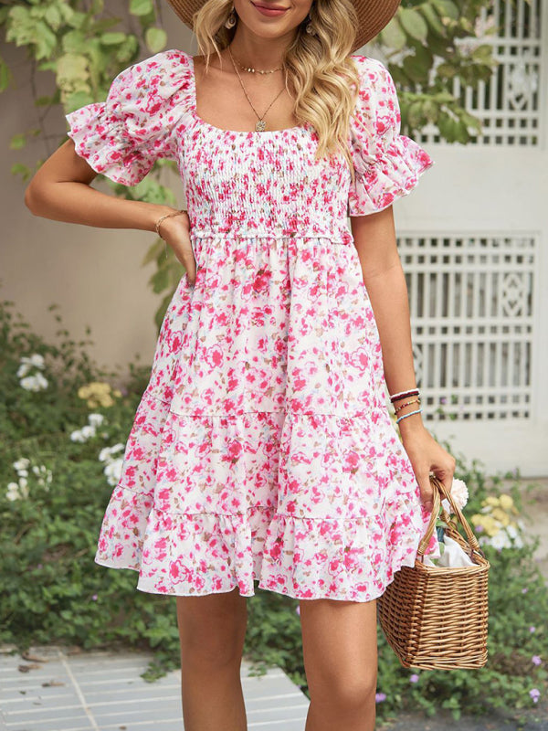 Women's Square Neck Floral Print Chiffon Short Sleeve Dress