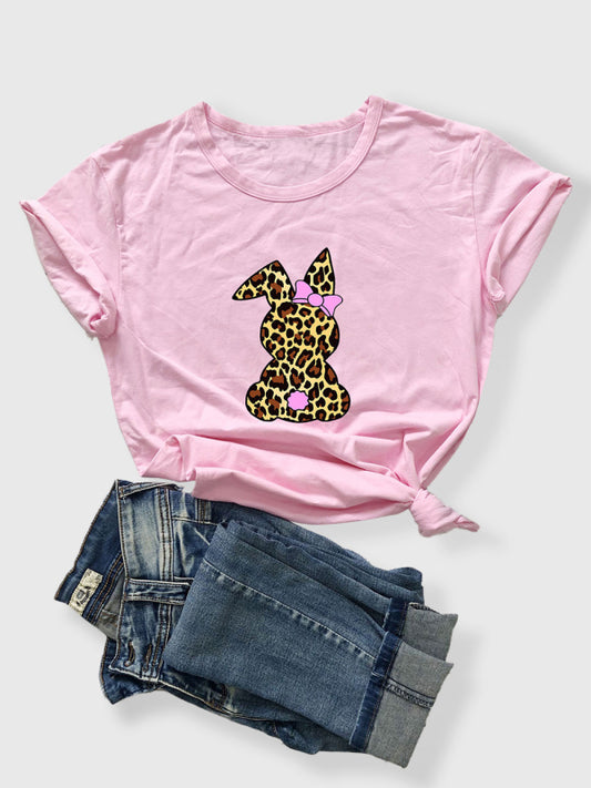 Leopard Bunny Cute Round Neck T-Shirt