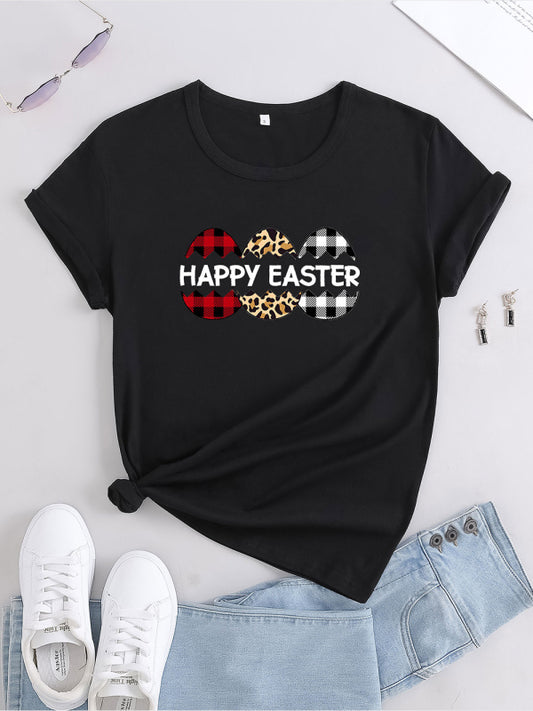 Women's Knitted Round Neck Easter Egg Print Short Sleeve T-Shirt