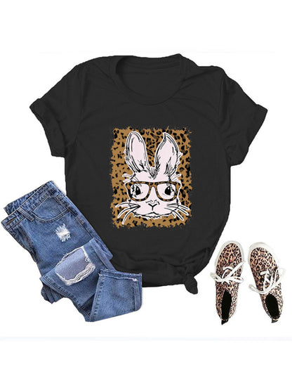 Women's Easter Leopard Bunny Print Casual Short Sleeve T-Shirt