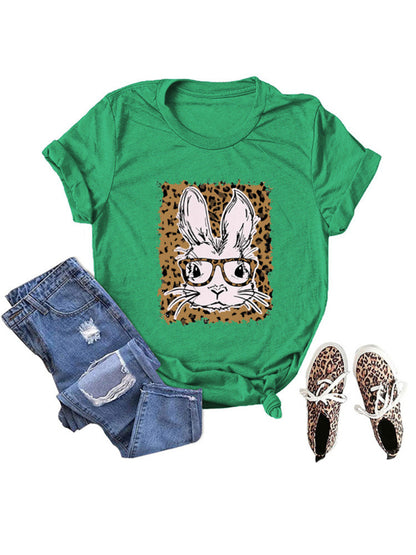 Women's Easter Leopard Bunny Print Casual Short Sleeve T-Shirt