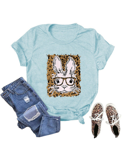 Women's Easter Leopard Bunny Print Casual Short Sleeve T-Shirt