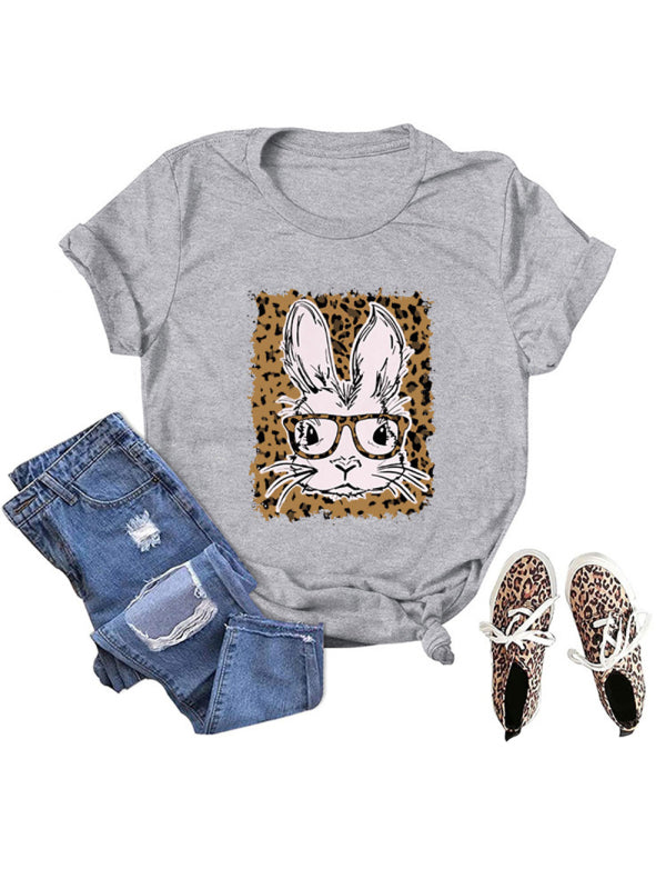 Women's Easter Leopard Bunny Print Casual Short Sleeve T-Shirt