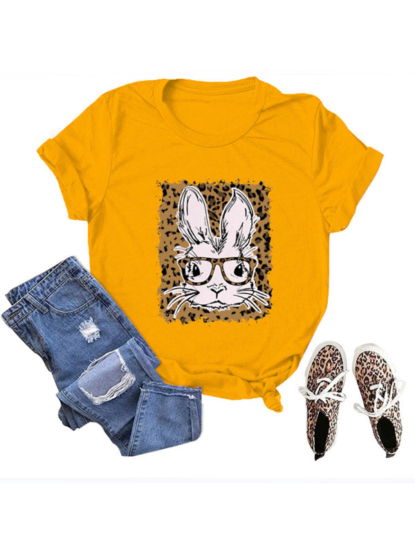 Women's Easter Leopard Bunny Print Casual Short Sleeve T-Shirt