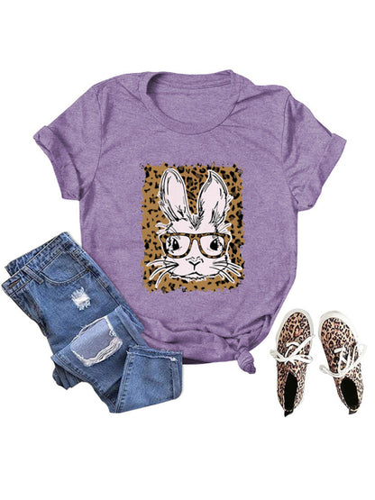 Women's Easter Leopard Bunny Print Casual Short Sleeve T-Shirt