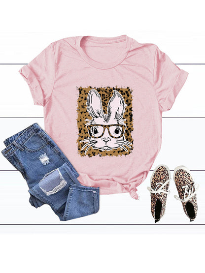 Women's Easter Leopard Bunny Print Casual Short Sleeve T-Shirt