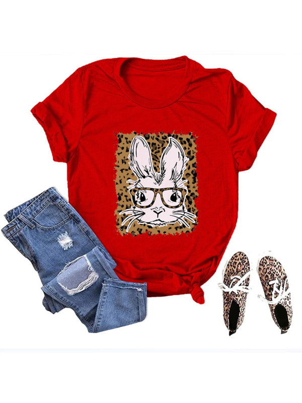 Women's Easter Leopard Bunny Print Casual Short Sleeve T-Shirt