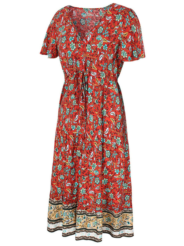 Slim-fit small floral print single-breasted mid-length V-neck short-sleeved dress