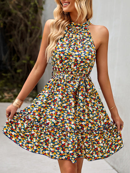 Halter Neck Print Sleeveless Resort Swing Dress