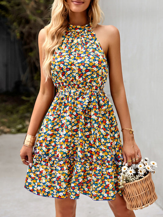 Halter Neck Print Sleeveless Resort Swing Dress