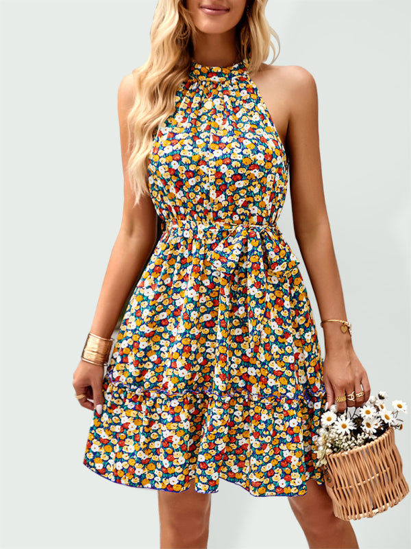 Halter Neck Print Sleeveless Resort Swing Dress