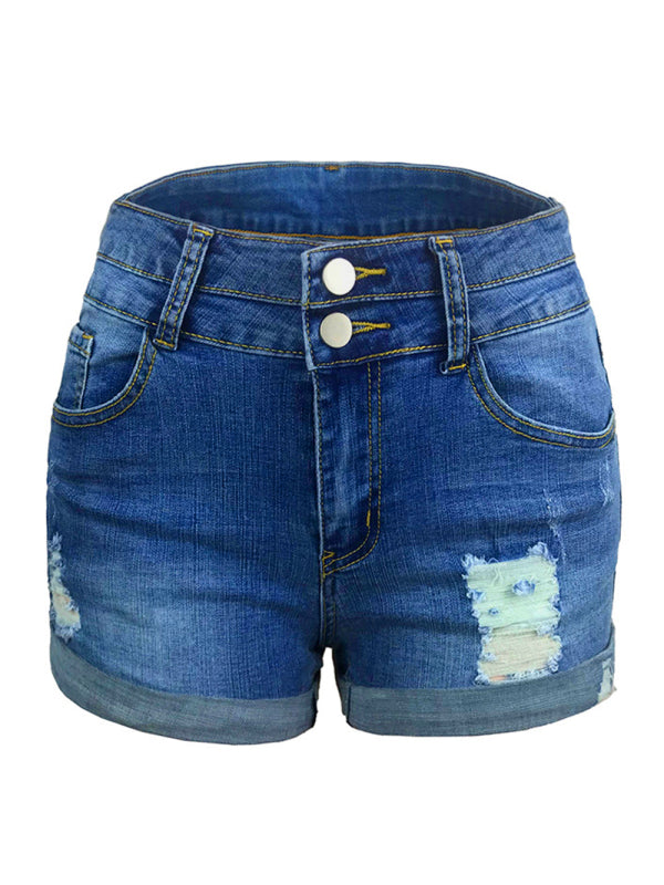 Trendy ripped rolled edge elastic high waist denim shorts women's hot pants