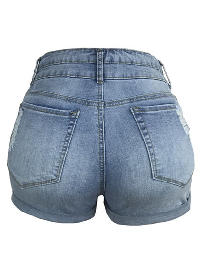 Trendy ripped rolled edge elastic high waist denim shorts women's hot pants