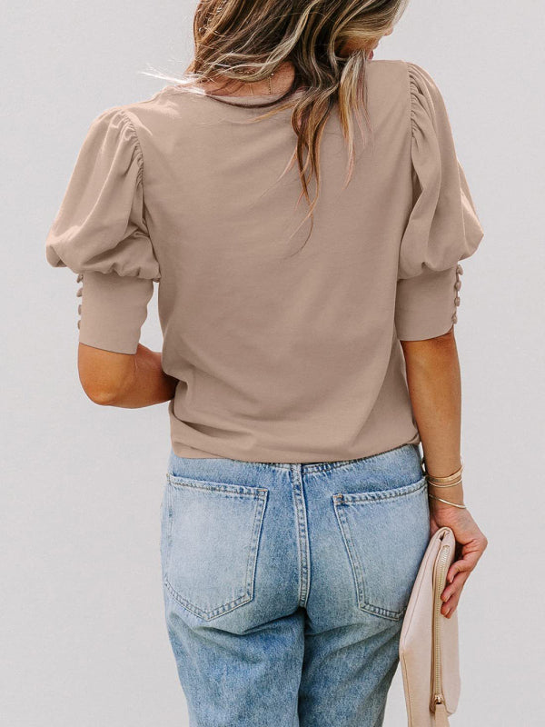 New round neck solid color button loose top T-shirt shirt