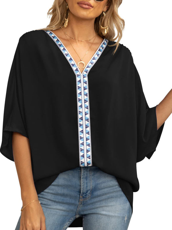 Women's Dolman Sleeve Chiffon V-Neck Short Sleeve Shirt Shirt