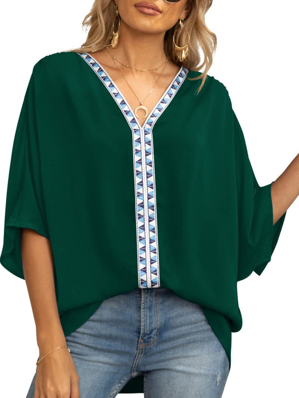 Women's Dolman Sleeve Chiffon V-Neck Short Sleeve Shirt Shirt