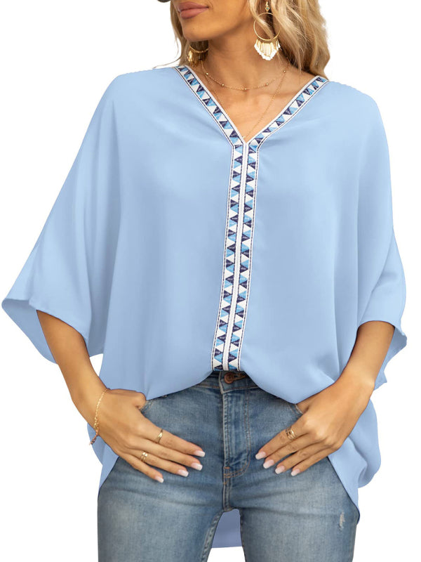 Women's Dolman Sleeve Chiffon V-Neck Short Sleeve Shirt Shirt