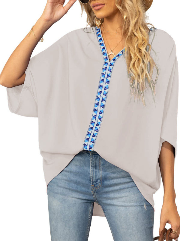 Women's Dolman Sleeve Chiffon V-Neck Short Sleeve Shirt Shirt